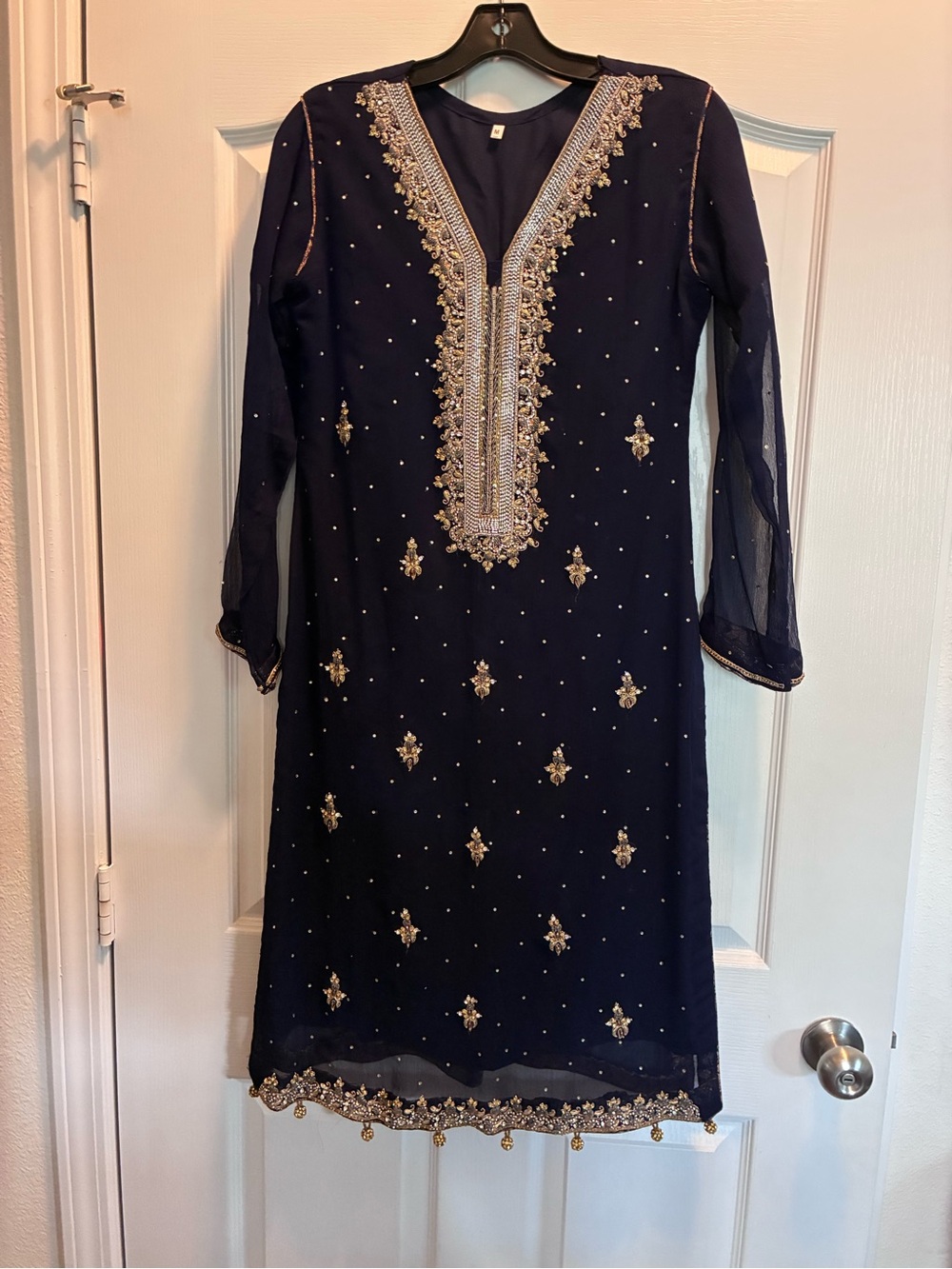 Elegant Navy Blue Embroidered Women Kameez and Dupatta in Medium